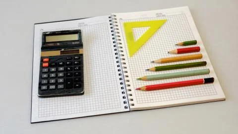 Notebook notebook calculator pencil Stockfoto's