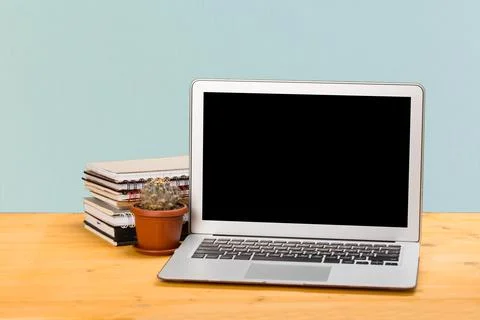 Notebook with notebooks and green succulent on a wooden table. mockup for tex Foto stock