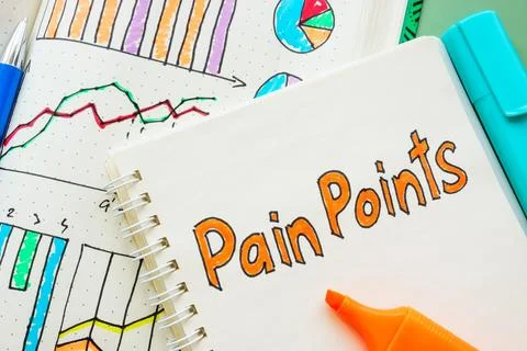 Notebook with notes about pain points in marketing. Stock Photos