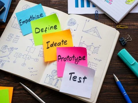 Notebook with notes and sticks about design thinking. Stock Photos