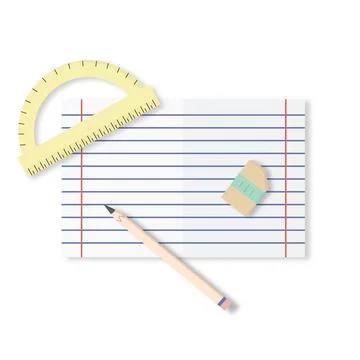 Notebook open page with pencil, eraser, protractor. Stock Illustration