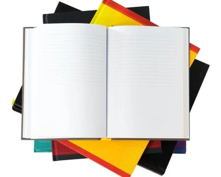 Notebook open on stack of books isolated on white background Stock Photos