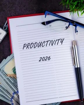 A notebook opened to a fresh page labeled Productivity 2026 sits on a table.. Stock Photos