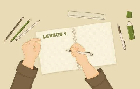 Notebook or exercise book for summary notes, pen, pencil, marker, ruler are o Stock Illustration