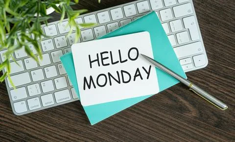 Notebook page with hello monday text. Top view, flat lay. Stock Photos
