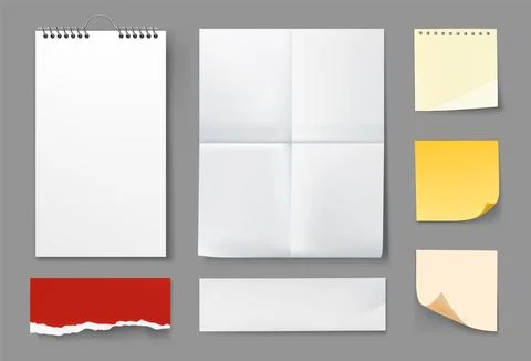 Notebook pages set. White folded paper, colorful sticky memo notes. Torn edges Stockillustratie