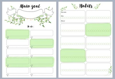 Notebook pages template, main goal, habits, vector Stock Illustration