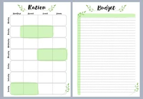 Notebook pages template, ration and budget, vector Stock Illustration