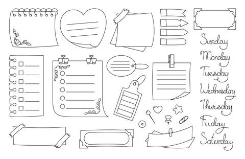 Notebook paper black line note set sticker notepad Stock Illustration