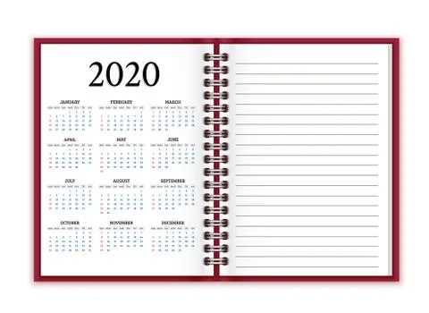 Notebook paper with calendar for 2020 vector background Stock Illustration