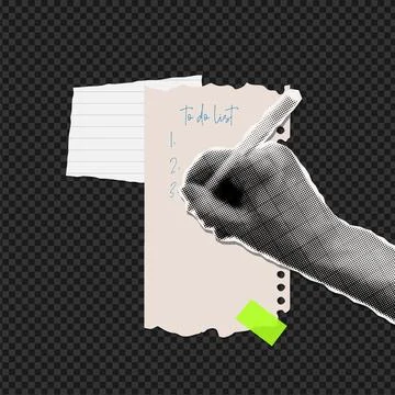 Notebook paper scraps with collage halftone hand holding pen and writing to do Stock Illustration