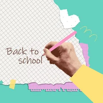 Notebook paper scraps with collage halftone hand holding pencil and writing Back Stock Illustration