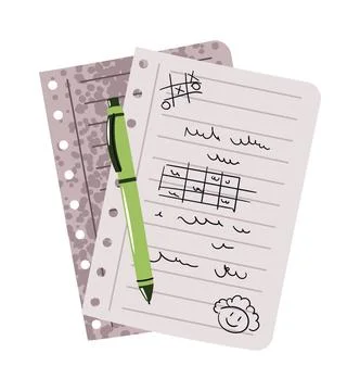Notebook Paper Sheets with Scribbles and Handwritten Notes in Flat Style. Lined Stock Illustration