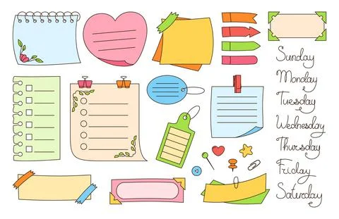 Notebook paper sticky note set sticker notepad pin Stock Illustration