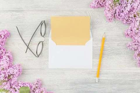 Notebook with pen and lilac. Foto stock