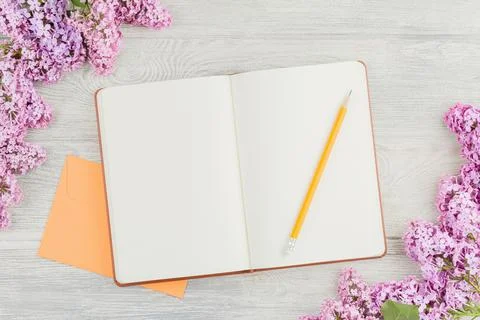 Notebook with pen and lilac. Stock Photos