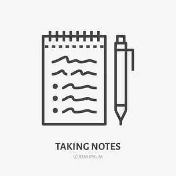 Notebook with pen flat line icon. Vector thin sign of taking notes, education Stock Illustration