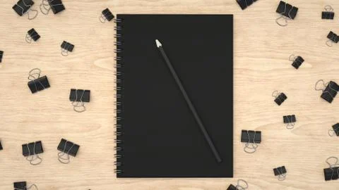 Notebook with pencil and binder clips Illustrazione stock