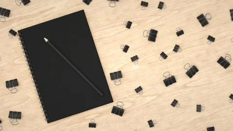 Notebook with pencil and binder clips Illustrazione stock