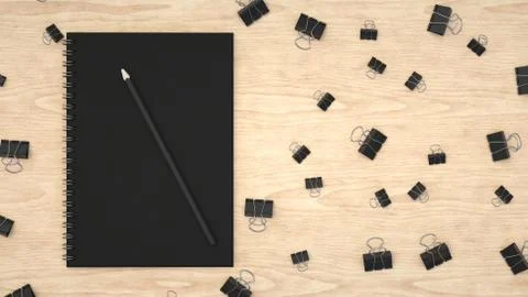 Notebook with pencil and binder clips Stock Illustration
