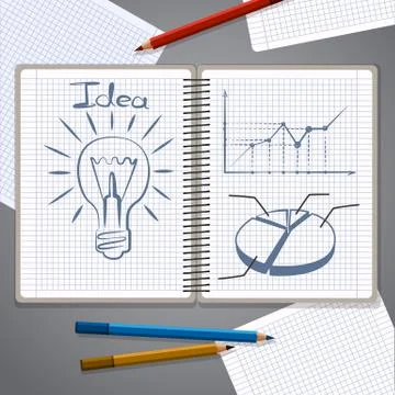 Notebook with pencil drawing chart and lightbulb 스톡 일러스트