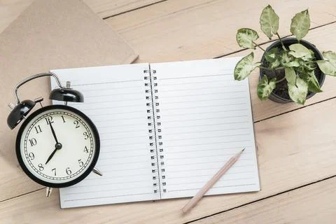 Notebook, pencil, retro clock and plant on wood table background Stock Photos