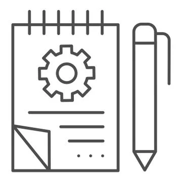 Notebook with pencil thin line icon. Notepad with drawn project vector Illustration