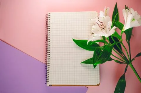 Notebook for planning. empty template. background. view from above. white als Fotos Stock