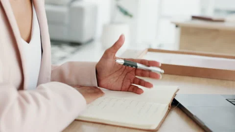 Notebook planning, idea anxiety and woman thinking of creative writing strategy Stock Footage 212325398