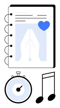 Notebook with praying hands and heart stopwatch and music note. Ideal for min Illustrazione stock