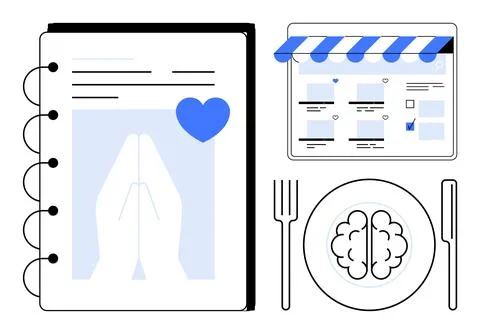 Notebook with praying hands, website interface with blue accents, and a plate Stock Illustration