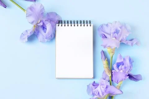 Notebook with purple flowers irises Stock Photos