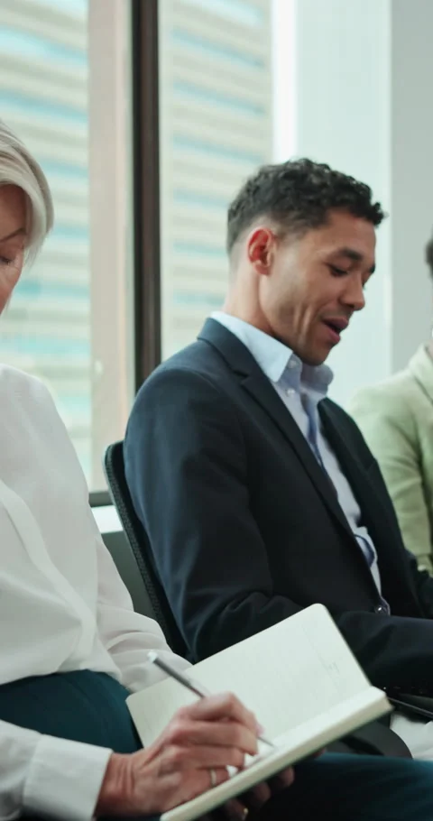 Notebook, queue and business people in office for job interview, meeting or 스톡 동영상 341098801