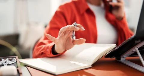 Notebook, remote work and hand of woman in home office for virtual assistan.. Stock Photos