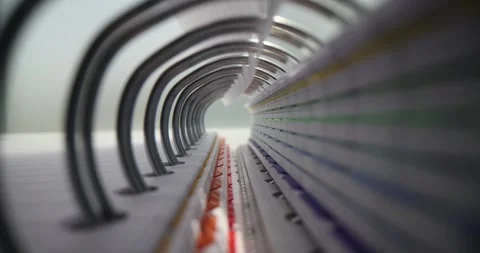 Notebook rings create optical tunnel with multicolored dividers Stock Footage 308873732