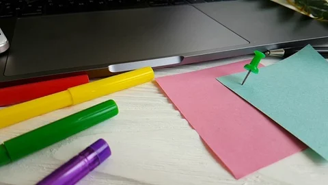 Notebook scratch pens on the desktop slow-motion shooting hand flash drive Stock Footage 90062035