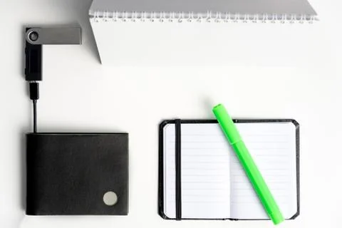 Notebook, secure crypto device and block wallet Stock Photos