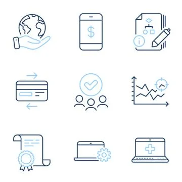 Notebook service, Smartphone payment and Medical help icons set. Seo analysis Stockillustratie