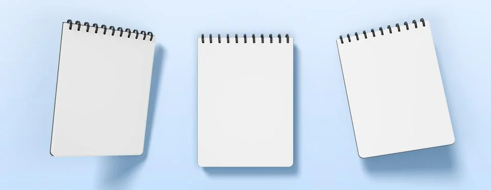 Notebook sheets, block of blank pages with spiral 3d render icon set. Realistic 스톡 일러스트