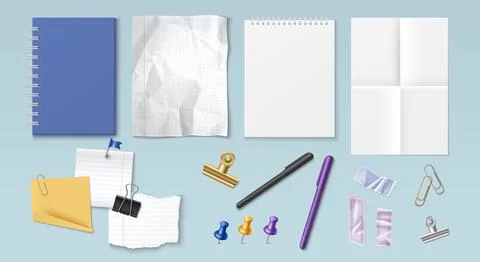 Notebook sheets with torn edges, tapes and clips. Illustrazione stock