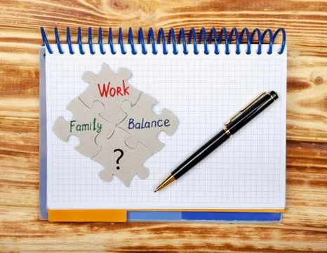 Notebook shows the most important areas. Life balance, family and work Foto stock