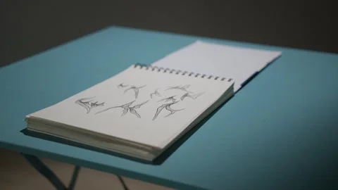 Notebook with sketches on its sheets lies on blue table Stock Footage 268603775