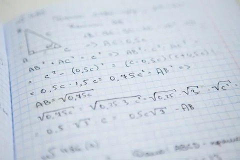 Notebook with some exercices, equations, close up Stock Photos