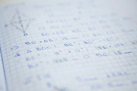 Notebook with some exercices, equations, close up Stock Photos