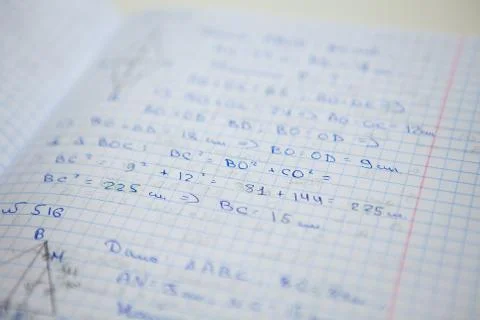 Notebook with some exercices, equations, close up Stock Photos