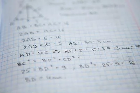 Notebook with some exercices, equations, close up Foto stock