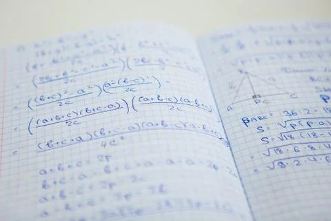 Notebook with some exercices, equations, close up Foto stock