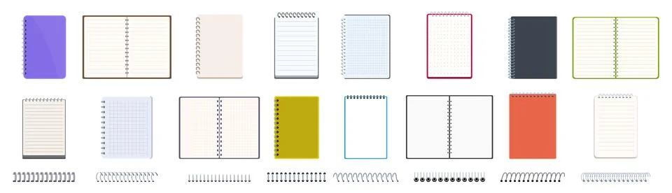 Notebook spiral binders icons set. Collection of blank spiral bound notepads Illustrazione stock