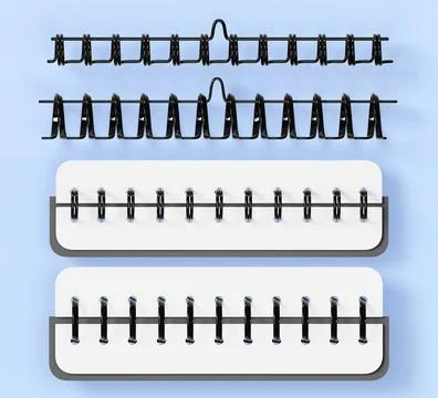 Notebook spirals mockup 3d render icon set. Realistic wire metal ring bindings イラスト素材