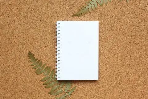 Notebook on a spring on a cork background with a dried fern Stock Photos